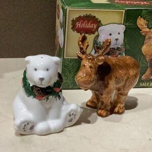 Holiday Polar Bear & Moose Ceramic Salt & Pepper Shaker Set